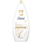 Un flacon blanc de 700 ml de Dove Nourishing Silk Gel Douche Nourrissant Peau Lisse présente des accents dorés, un motif tourbillon crème et un texte italien soulignant son effet soie et sa crème de soin. Dakar