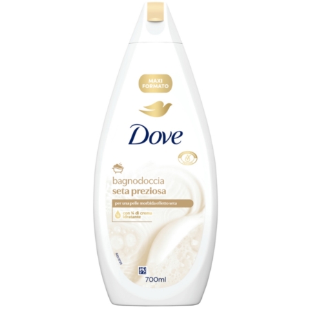 Un flacon blanc de 700 ml de Dove Nourishing Silk Gel Douche Nourrissant Peau Lisse présente des accents dorés, un motif tourbillon crème et un texte italien soulignant son effet soie et sa crème de soin. Dakar