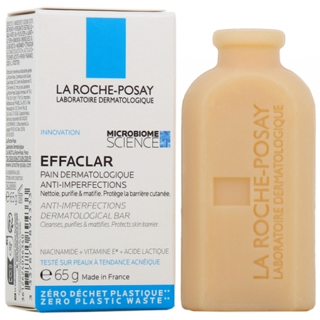 Le pain La Roche Posay Effaclar Pain Dermatologique Anti Imperfections 65 g est présenté à côté de sa boîte blanche et bleue, mettant l'accent sur le « zéro déchet plastique » et « anti-imperfections » pour une solution de soin douce et écologique. Dakar