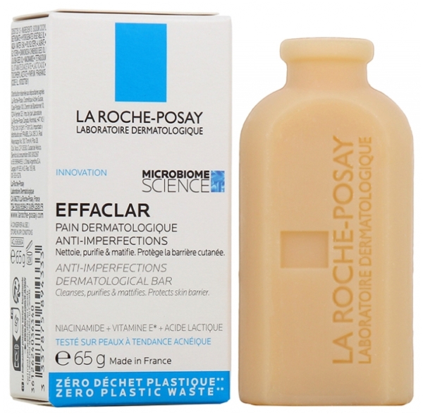 Le pain La Roche Posay Effaclar Pain Dermatologique Anti Imperfections 65 g est présenté à côté de sa boîte blanche et bleue, mettant l'accent sur le « zéro déchet plastique » et « anti-imperfections » pour une solution de soin douce et écologique. Dakar