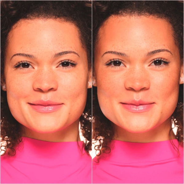 Photos côte à côte d'une femme aux cheveux bouclés portant un haut rose vif, ses expressions subtilement variées et magnifiquement mises en valeur à l'aide du Stick Bronzeur Scintillant Parfumé Noix Coco Eclat Estival 5,5 g d'Essence Cosmetics pour un éclat naturel. Dakar