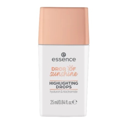 Un flacon blanc avec un bouchon pêche clair étiqueté « Essence Gouttes Illuminatrices Universelles à base Acide Hyaluronique et de Niacinamide », 25 ml (0,84 fl. oz). Dakar