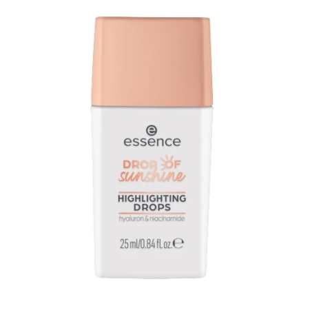 Un flacon blanc avec un bouchon pêche clair étiqueté « Essence Gouttes Illuminatrices Universelles à base Acide Hyaluronique et de Niacinamide », 25 ml (0,84 fl. oz). Dakar