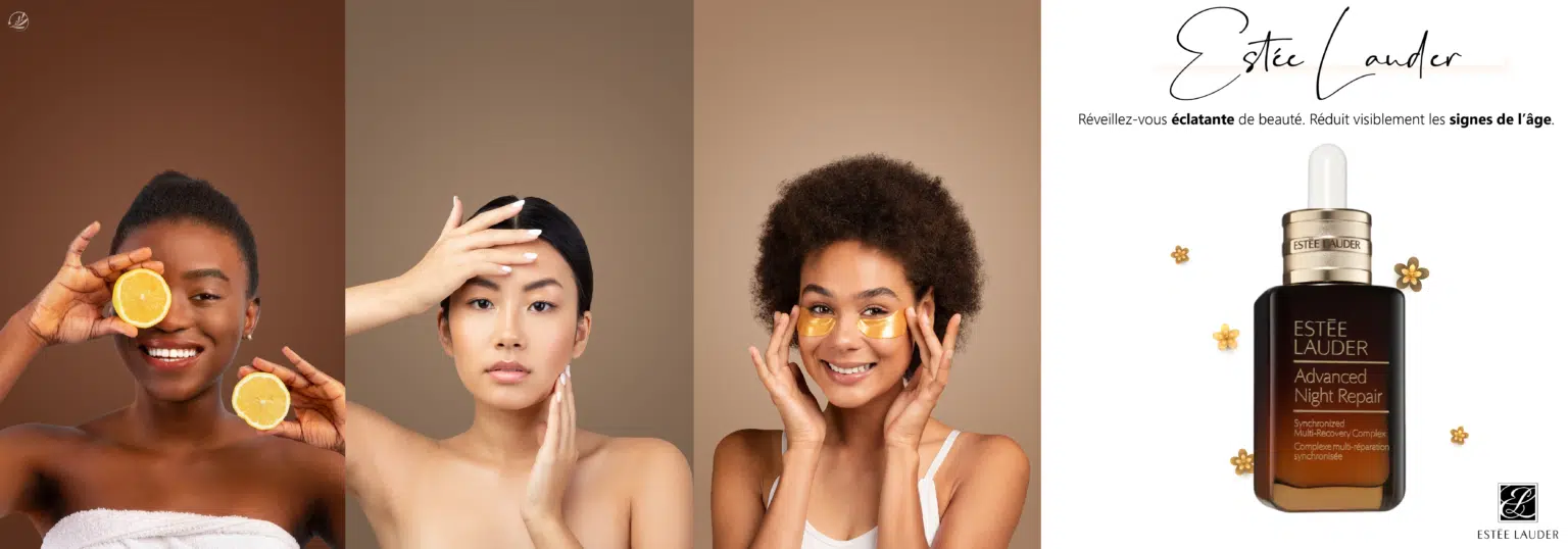 Trois femmes à la peau éclatante posent avec des produits de soin : l'une tient des tranches de citron, une autre applique une crème et la troisième porte des patchs pour les yeux. À droite, le sérum Advanced Night Repair d'Estée Lauder et le logo Univers Cosmetix. Dakar