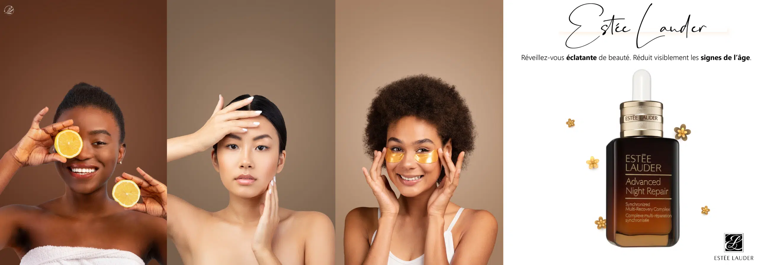 Trois femmes à la peau éclatante posent avec des produits de soin : l'une tient des tranches de citron, une autre applique une crème et la troisième porte des patchs pour les yeux. À droite, le sérum Advanced Night Repair d'Estée Lauder et le logo Univers Cosmetix. Dakar
