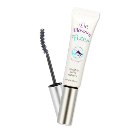 Un tube de 6 g de Etude Dr Mascara Fixer Perfect Lash Base à Mascara Waterproof Cils Volumisés et Courbés avec une baguette incurvée, un capuchon argenté et un emballage blanc avec du texte et des graphiques bleu sarcelle et violet. Dakar