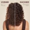 Une image divisée montre l'arrière des cheveux bouclés d'une femme : le côté gauche apparaît crépu et terne ("Vorher"), tandis que le côté droit apparaît brillant et défini ("Nachher") après avoir utilisé Garnier Traitement Capillaire sans Rinçage à l'Avocat 200 ml. Dakar