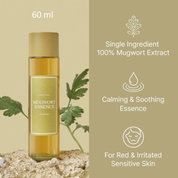 Un flacon de 150 ml d'Essence Hydratante à 100 % d'extrait d'Armoise Coréenne I'm From est posé sur un rocher orné de feuilles d'armoise. Le texte met en avant son unique ingrédient : un extrait d'armoise pur, apaisant et apaisant pour les peaux sensibles et irritées. Dakar