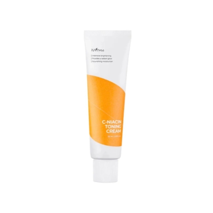 Tube de 50 ml de Crème Tonifiante C Niacine Isntree avec bouchon blanc et étiquette blanc-orange, aux propriétés éclaircissantes et hydratantes. À poser sur un fond blanc, il s'associe parfaitement à l'Ampoule Tonifiante C Niacine Isntree. Dakar