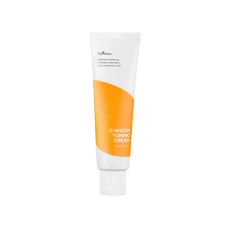 Tube de 50 ml de Crème Tonifiante C Niacine Isntree avec bouchon blanc et étiquette blanc-orange, aux propriétés éclaircissantes et hydratantes. À poser sur un fond blanc, il s'associe parfaitement à l'Ampoule Tonifiante C Niacine Isntree. Dakar