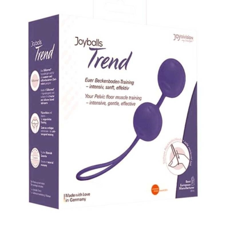 L'emballage des « JoyDivision Boules de Renforcement Périnéal Tendance Violet » présente des boules de renforcement périnéal violettes avec un cordon de récupération. La boîte, en allemand et en anglais, met en avant leurs bienfaits et précise qu'elles sont fabriquées avec amour en Allemagne. Dakar
