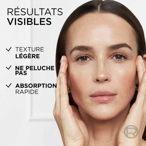 Une femme touche son visage à deux mains en regardant la caméra. Texte français souligne L'Oréal Age Perfect Sérum Anti-Âge Le Duo Fermeté Instantanée Anti-Rides et Éclat 30 ml : "Résultats visibles : texture légère, ne peluche pas, absorption rapide." Un logo circulaire se trouve en bas à droite. Dakar
