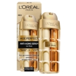 L'Oréal Paris Sérum Anti-Âge Midnight Renaissance Cellulaire 30 ml présenté avec son emballage. Contient des peptides de collagène et des vitamines B5 et C, et offre une peau plus lisse et éclatante dans un élégant flacon doré et transparent. Dakar