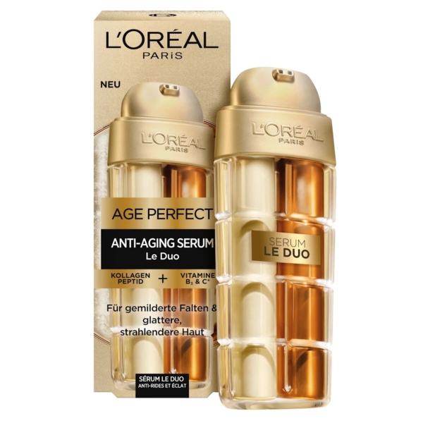 L'Oréal Paris Sérum Anti-Âge Midnight Renaissance Cellulaire 30 ml présenté avec son emballage. Contient des peptides de collagène et des vitamines B5 et C, et offre une peau plus lisse et éclatante dans un élégant flacon doré et transparent. Dakar