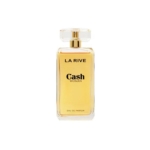 Un flacon en verre transparent de LA RIVE Eau de Parfum Secret de Beauté 100 ml avec un bouchon doré et un liquide ambré clair, comportant un texte noir et doré en gras sur le devant, sur fond blanc. Dakar