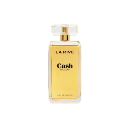 Un flacon en verre transparent de LA RIVE Eau de Parfum Secret de Beauté 100 ml avec un bouchon doré et un liquide ambré clair, comportant un texte noir et doré en gras sur le devant, sur fond blanc. Dakar