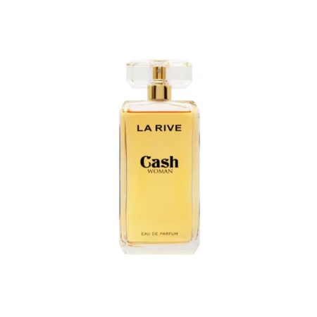 Un flacon en verre transparent de LA RIVE Eau de Parfum Secret de Beauté 100 ml avec un bouchon doré et un liquide ambré clair, comportant un texte noir et doré en gras sur le devant, sur fond blanc. Dakar