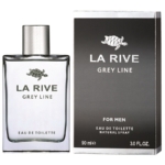 Un flacon transparent de La Rive Eau de toilette LA RIVE Grey Line 90 ml pour homme se dresse à côté de sa boîte noire et grise, toutes deux avec un logo tortue et un texte blanc. Dakar