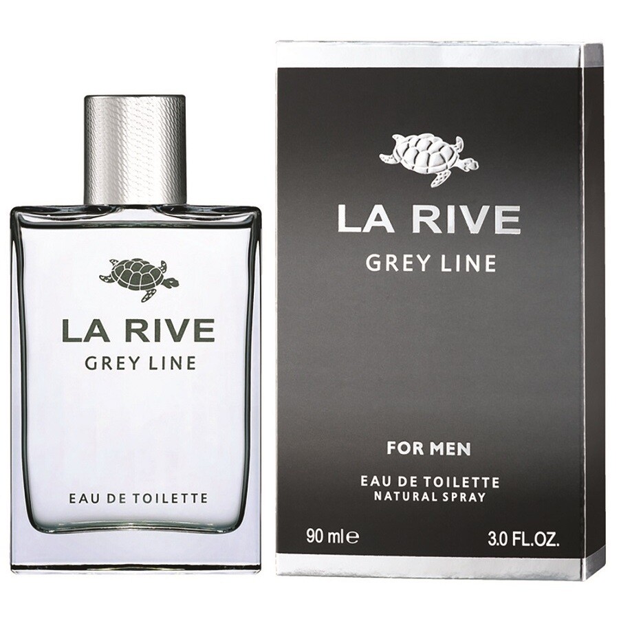 Un flacon transparent de La Rive Eau de toilette LA RIVE Grey Line 90 ml pour homme se dresse à côté de sa boîte noire et grise, toutes deux avec un logo tortue et un texte blanc. Dakar