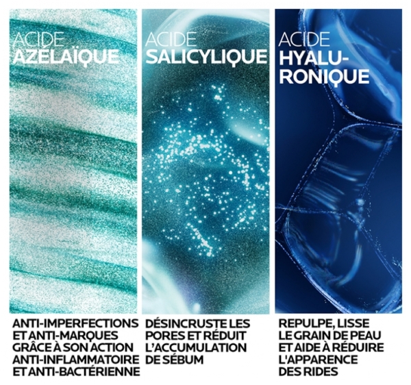 Trois panneaux présentent les acides azélaïque, salicylique et hyaluronique, accompagnés d'un texte en français sur leurs bienfaits pour la peau. Inspirés du Gel Crème Anti-Imperfections Peau Lisse Effaclar AZ de La Roche-Posay (40 ml), ils ciblent les imperfections pour une peau plus lisse et plus nette. Dakar