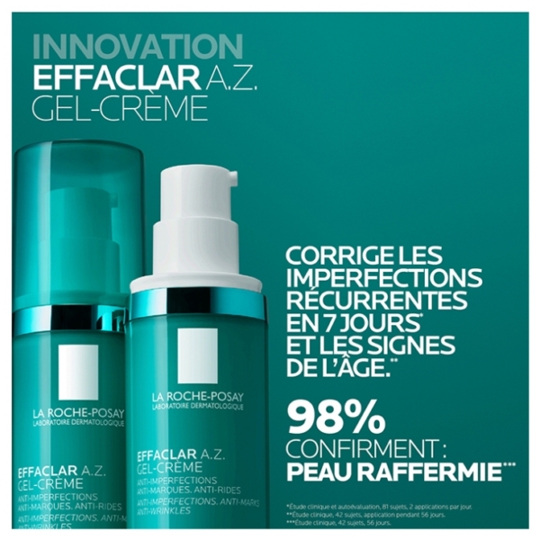 Deux flacons bleu sarcelle de La Roche-Posay Effaclar AZ Gel Crème Anti-Imperfections Peau Lisse 40 ml sont présentés avec le texte suivant : réduit les imperfections en 7 jours, raffermit la peau et combat les signes de l’âge. En gras : « 98 % confirment : une peau plus ferme. ». Dakar