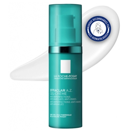 Un flacon pompe bleu sarcelle de La Roche Posay Effaclar AZ Gel Crème Anti Imperfections Peau Lisse 40 ml est présenté devant une crème blanche, avec un badge bleu circulaire « recommandé par un dermatologue » dans le coin supérieur droit. Dakar