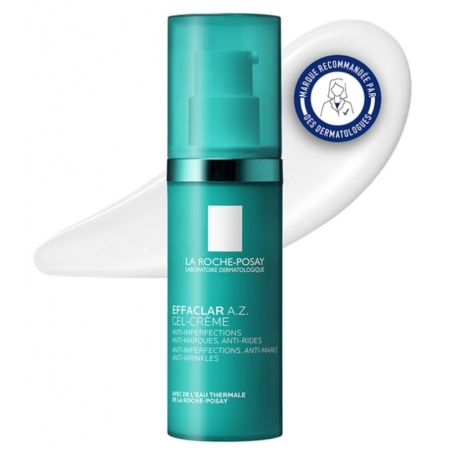 Un flacon pompe bleu sarcelle de La Roche Posay Effaclar AZ Gel Crème Anti Imperfections Peau Lisse 40 ml est présenté devant une crème blanche, avec un badge bleu circulaire « recommandé par un dermatologue » dans le coin supérieur droit. Dakar
