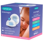 Une boîte violette et rose de Lansinoh Coussinets d'Allaitement Ultra minces 30 pièces montre un bébé endormi, deux coussinets d'allaitement et des icônes pour les soins, le pompage, le stockage et l'alimentation sur le côté. Dakar