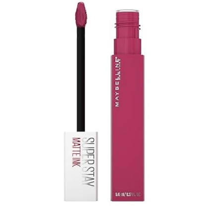 Un tube de Maybelline New York Rouge à Lèvres Superstay Matte Ink 150 Pathfinder (5 ml) en rose vif, avec l'applicateur retiré et posé à côté du flacon. Dakar