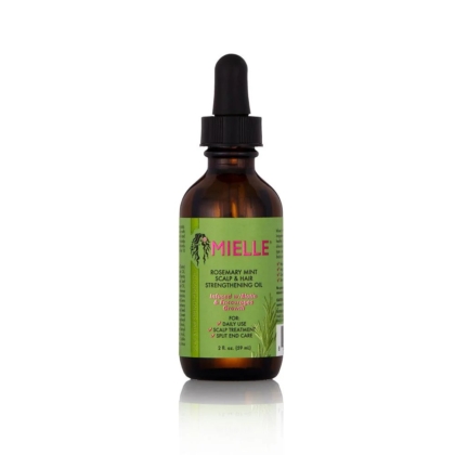 Un flacon compte-gouttes en verre brun étiqueté « MIELLE ORGANICS Huile Fortifiante au Romarin 59 ml » avec des accents verts et roses se trouve à côté de Crème of Nature Pure Honey Après Shampooing sur un fond blanc. Dakar
