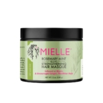 Pot de 340 g de Masque Fortifiant au Romarin MIELLE Organics, infusé à la biotine, avec une étiquette verte avec texte rose et noir et un couvercle noir. Idéal avec le Shampoing Fortifiant MIELLE Organics. Poids net : 340 g. Dakar