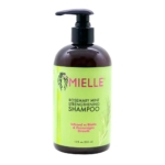 Un flacon pompe de MIELLE Organics Shampoing Fortifiant à la Menthe et au Romarin 355 ml, avec une étiquette verte accentuée de texte rose et blanc, est infusé de biotine pour favoriser la croissance, similaire à Crème of Nature Pure Honey Nettoyant Fortifiant. Dakar