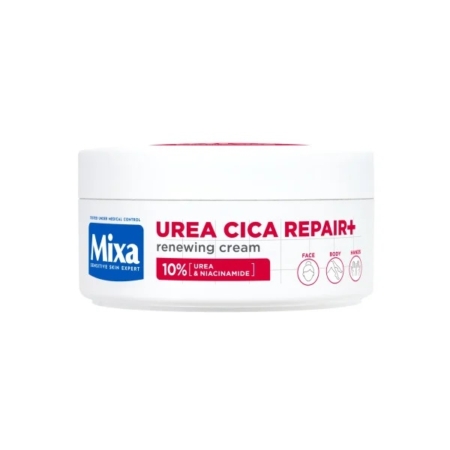 Un flacon blanc de 150 ml de Crème Régénérante Mixa Urea Cica Repair pour les peaux sèches, rugueuses et irrégulières du visage, du corps et des mains. Avec 10 % d'urée et de niacinamide, elle convient aux peaux sensibles et offre une hydratation quotidienne apaisante. Dakar