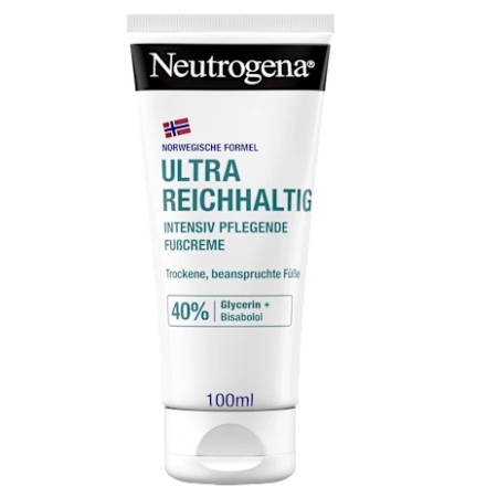 Un tube de 100 ml de Neutrogena Crème Pieds 40 % Glycérine Ultra Riche Peaux Sèches, portant le label Norwegian Formula et une hydratation intense pour les pieds secs. Dakar