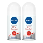 Deux Déodorants Roll-on Anti-Transpirant Confort Sec 0% Alcool 72h Nivea (2x50ml) avec bouchons et étiquettes blancs, offrant une double protection, une formule antibactérienne et 0% d'alcool. Dakar