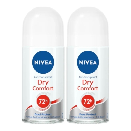 Deux Déodorants Roll-on Anti-Transpirant Confort Sec 0% Alcool 72h Nivea (2x50ml) avec bouchons et étiquettes blancs, offrant une double protection, une formule antibactérienne et 0% d'alcool. Dakar