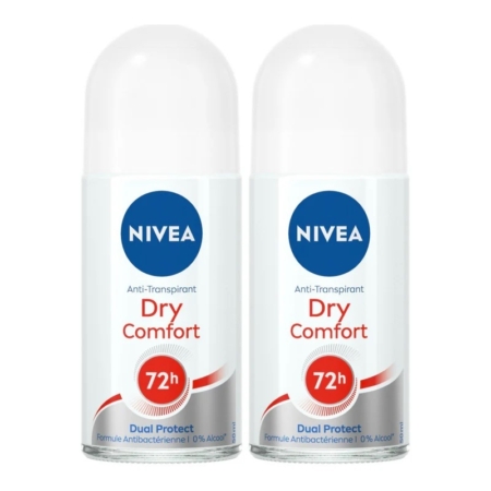 Deux Déodorants Roll-on Anti-Transpirant Confort Sec 0% Alcool 72h Nivea (2x50ml) avec bouchons et étiquettes blancs, offrant une double protection, une formule antibactérienne et 0% d'alcool. Dakar