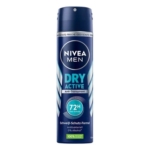 Une bombe bleue de 150 ml de Nivea Déodorant Spray Men Dry Active Protection 72H Double Action, dotée d'une formule antibactérienne et de 0 % d'alcool, offre jusqu'à 72 heures de protection. Dakar