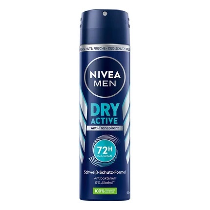 Une bombe bleue de 150 ml de Nivea Déodorant Spray Men Dry Active Protection 72H Double Action, dotée d'une formule antibactérienne et de 0 % d'alcool, offre jusqu'à 72 heures de protection. Dakar