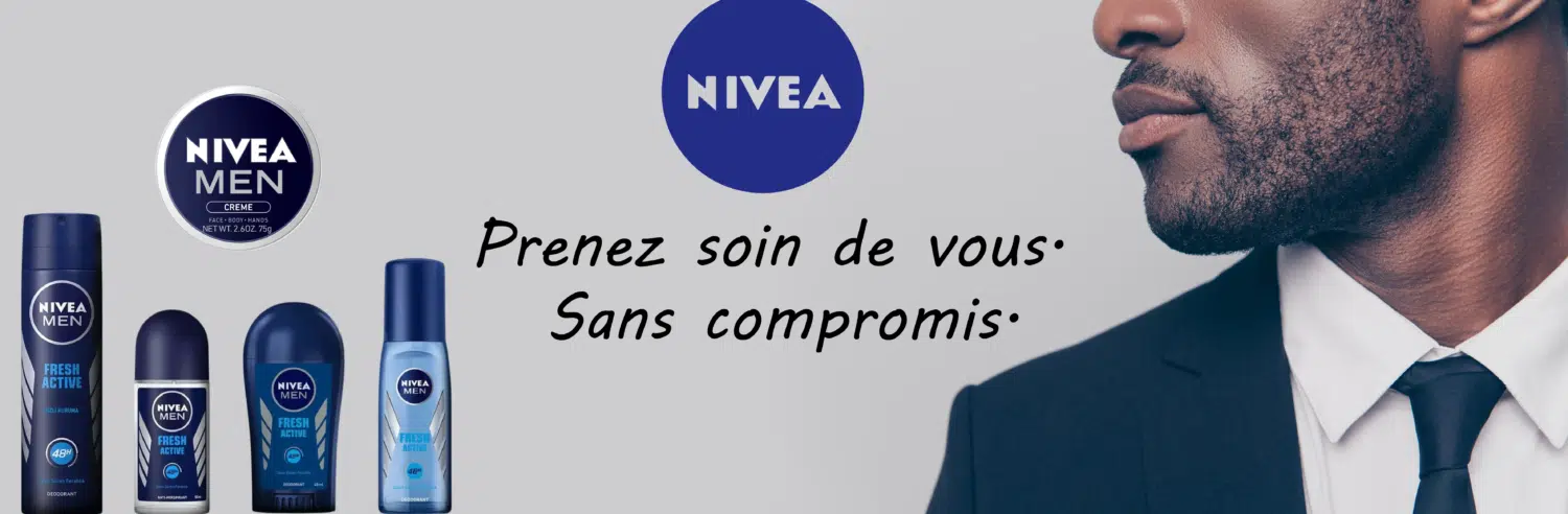 Les produits NIVEA Men sont présentés à côté d'un gros plan du visage d'un homme soigné en costume, avec le texte français : « Prenez soin de vous. Sans compromis. » et le logo NIVEA au-dessus, présenté par Univers Cosmetix. Dakar