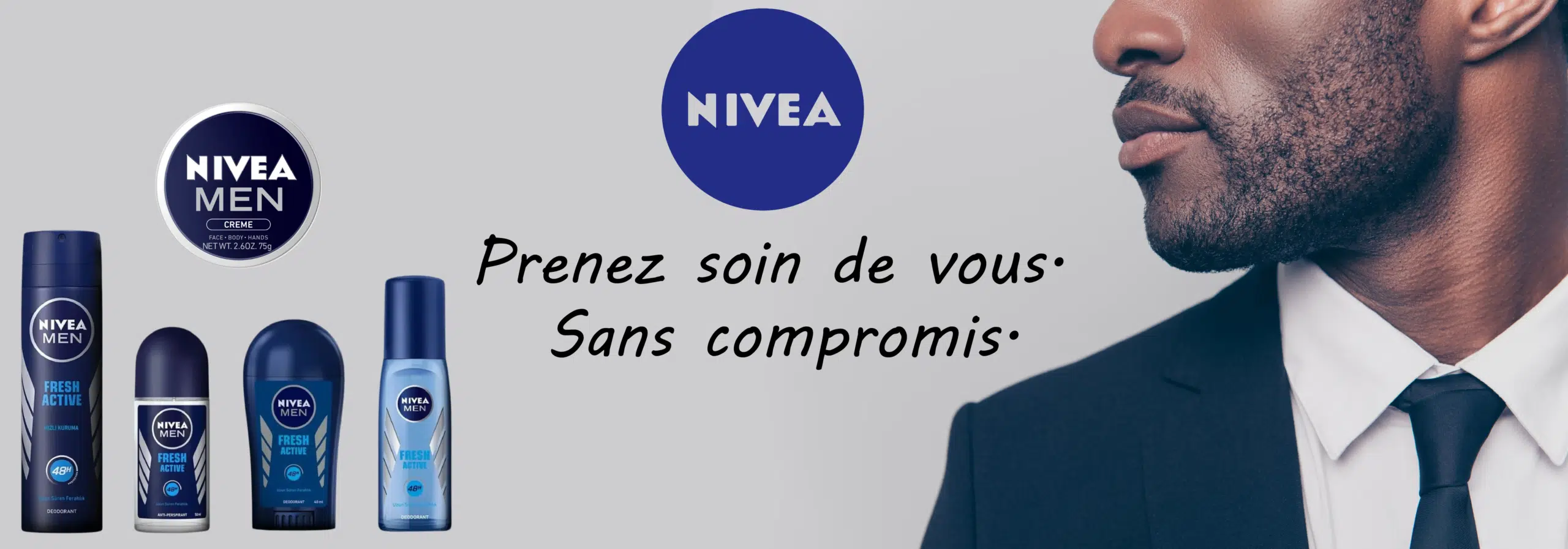 Les produits NIVEA Men sont présentés à côté d'un gros plan du visage d'un homme soigné en costume, avec le texte français : « Prenez soin de vous. Sans compromis. » et le logo NIVEA au-dessus, présenté par Univers Cosmetix. Dakar