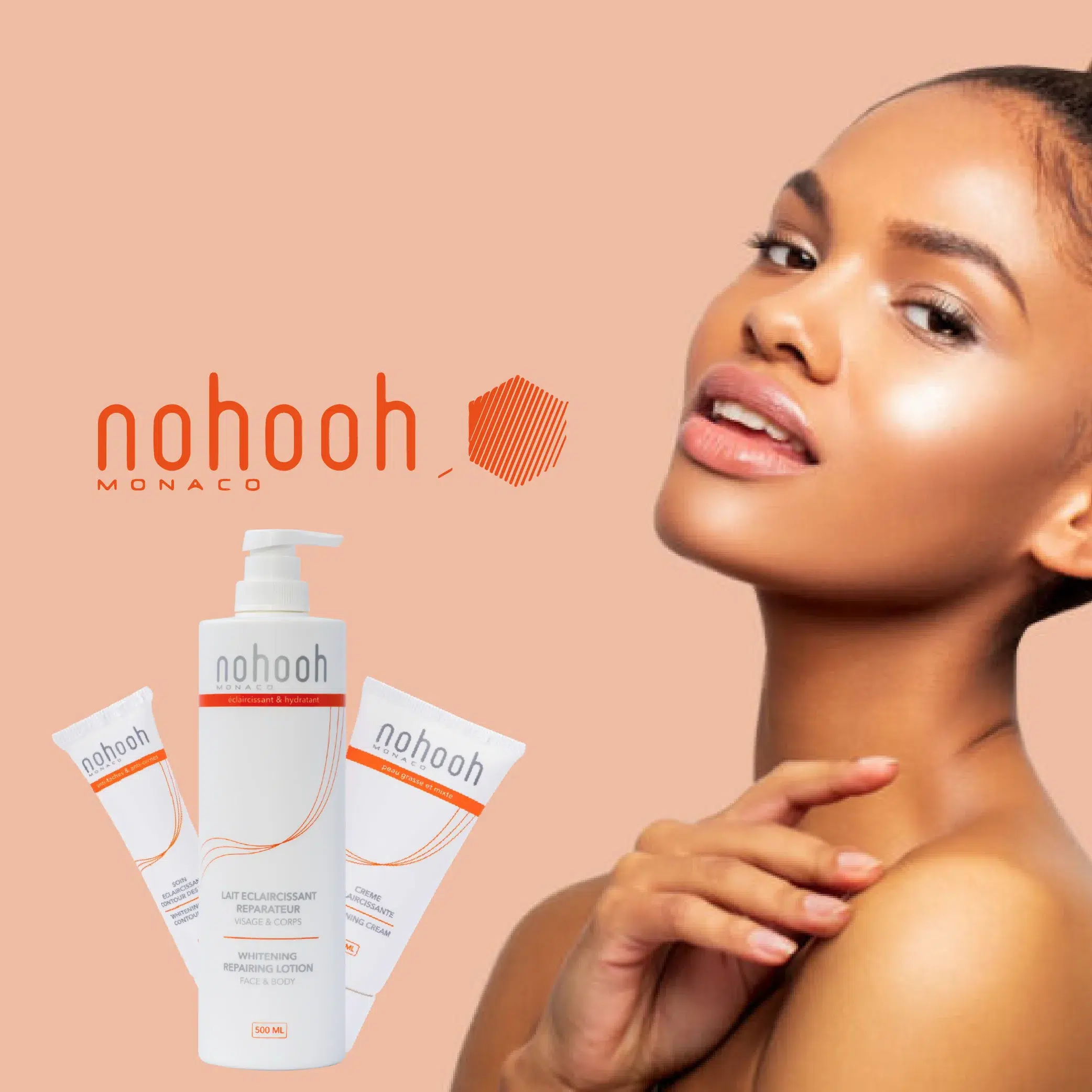 Une femme à la peau éclatante pose à côté de trois produits de soin Nohooh Monaco sur un fond pêche, avec les logos Nohooh Monaco et Univers Cosmetix affichés bien en évidence. Dakar