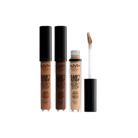 Trois tubes verticaux de Nyx Anti Cernes Correcteur Longue Tenue Can't Stop Won't Stop 3,50 ml dans différentes teintes sont présentés sur un fond blanc, l'un d'eux étant ouvert pour révéler l'applicateur et l'anti-cernes marron clair à l'intérieur. Dakar