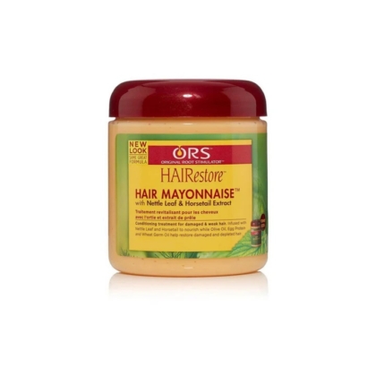 Un pot de 454 g de mayonnaise capillaire ORS Masque Réparateur et Revitalisant Intensif avec un couvercle rouge, enrichi en extrait de feuille d'ortie et de prêle pour la réparation des cheveux, comportant une étiquette jaune et verte similaire à celle du Masque au Romarin de MIELLE Organics. Dakar