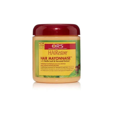 Un pot de 454 g de mayonnaise capillaire ORS Masque Réparateur et Revitalisant Intensif avec un couvercle rouge, enrichi en extrait de feuille d'ortie et de prêle pour la réparation des cheveux, comportant une étiquette jaune et verte similaire à celle du Masque au Romarin de MIELLE Organics. Dakar