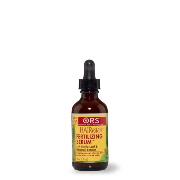 Un flacon compte-gouttes en verre brun d'ORS Sérum pour Cuir Chevelu HAIRestore Fertilizing 59 ml est posé sur un fond blanc, parfait pour le soin du cuir chevelu et des cheveux, et idéal pour accompagner la mayonnaise capillaire ORS Masque Réparateur et Revitalisant Intensif. Dakar