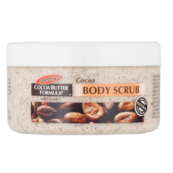 Un pot blanc de 200 g de Gommage Corporel Palmer's au Beurre de Cacao et à la Vitamine E, avec des fèves de cacao et les informations produit sur l'étiquette. Ce gommage onctueux exfolie pour une peau plus lisse et nourrie. Dakar