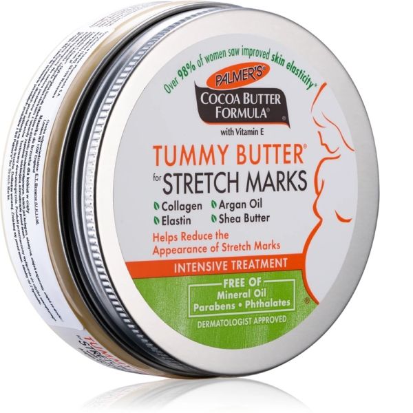 Une boîte de 125 g de baume corps intense anti-vergetures Palmer’s Pregnancy Cocoa Butter Formula, enrichi en collagène, élastine, huile d’argan et beurre de karité ; l’étiquette revendique un soin intensif et une réduction des vergetures. Dakar