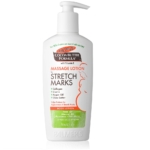 Un flacon pompe blanc de lait de massage anti-vergetures Palmer’s Pregnancy Cocoa Butter Formula 250 ml, représentant la silhouette d’une femme enceinte et mettant en valeur le collagène, l’élastine et l’huile d’argan, similaire à la Crème Vergeture Maternité MUSTELA. Dakar