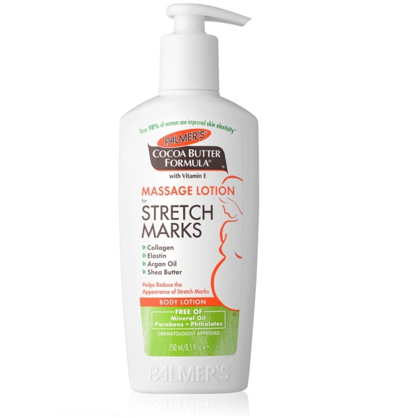 Un flacon pompe blanc de lait de massage anti-vergetures Palmer’s Pregnancy Cocoa Butter Formula 250 ml, représentant la silhouette d’une femme enceinte et mettant en valeur le collagène, l’élastine et l’huile d’argan, similaire à la Crème Vergeture Maternité MUSTELA. Dakar